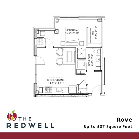 A floor plan for a home with a kitchen, living room, and bathroom.